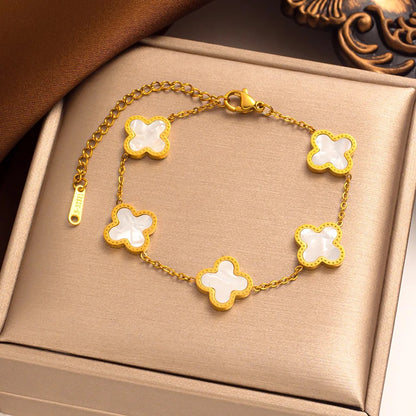 La Bonita 18k Gold Plated Four Leaf Clover Bracelet - White