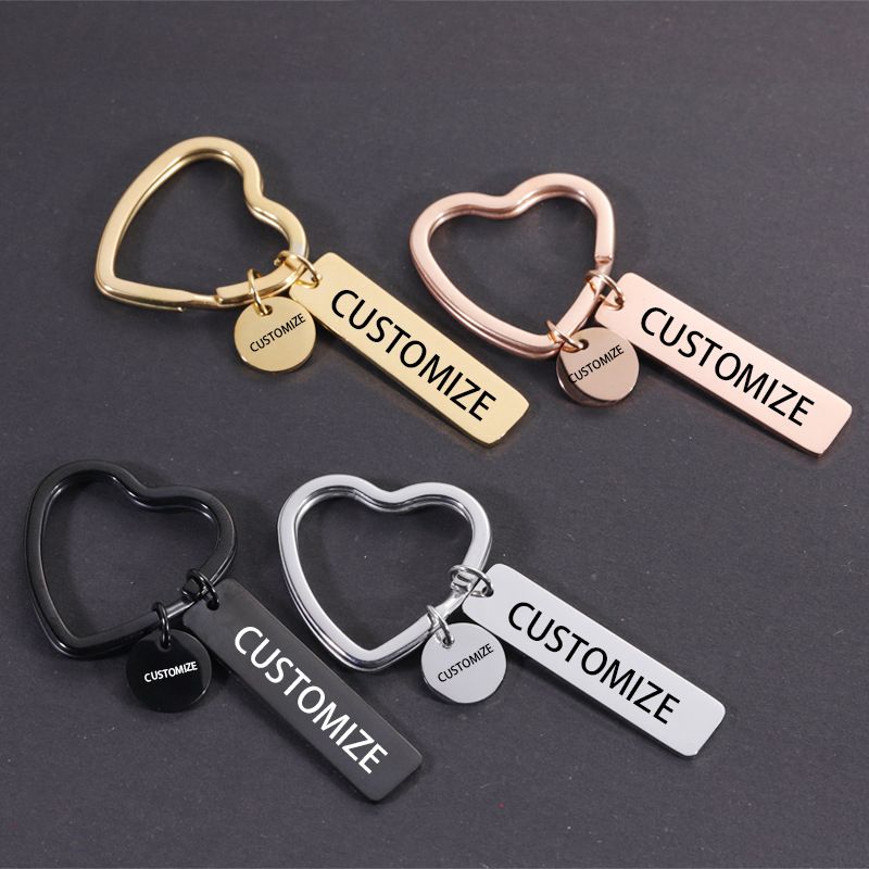 Laser Custom Name Logo Text Phone Number Stainless Steel Heart Keyrings Keychains